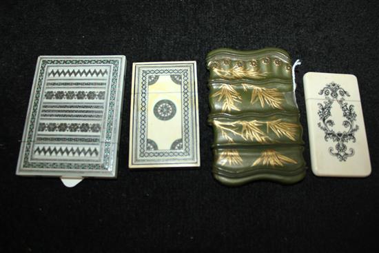 Two Indian Sadali-inlaid card cases, Japanese gilt & green lacquer example &  case inscribed E Hudson Esq